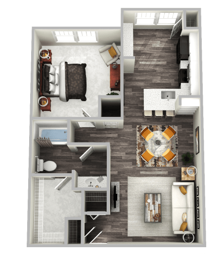 Floor plan for 1 bed, 1 bath, 835 sqft